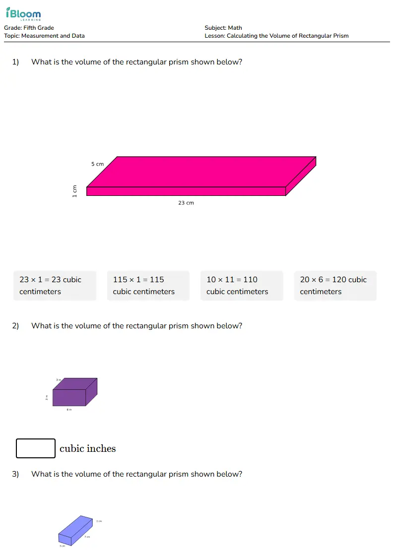 Free Calculating the Volume of Rectangular Prism Worksheets for Grade 5