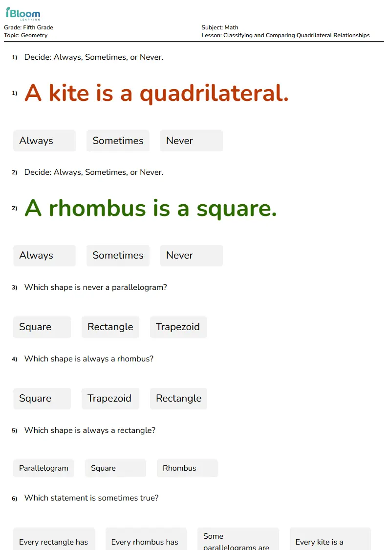 Free Classifying and Comparing Quadrilateral Relationships Worksheets for Grade 5
