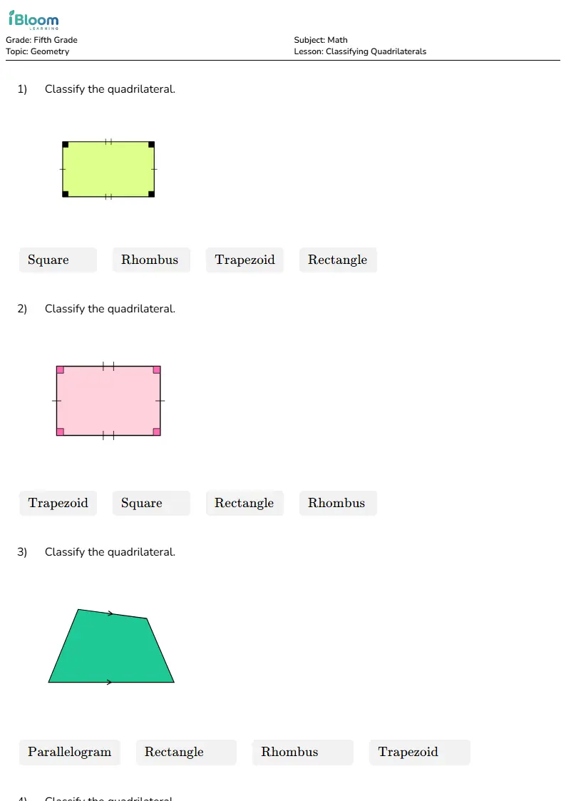 Free Classifying Quadrilaterals Worksheets for Grade 5