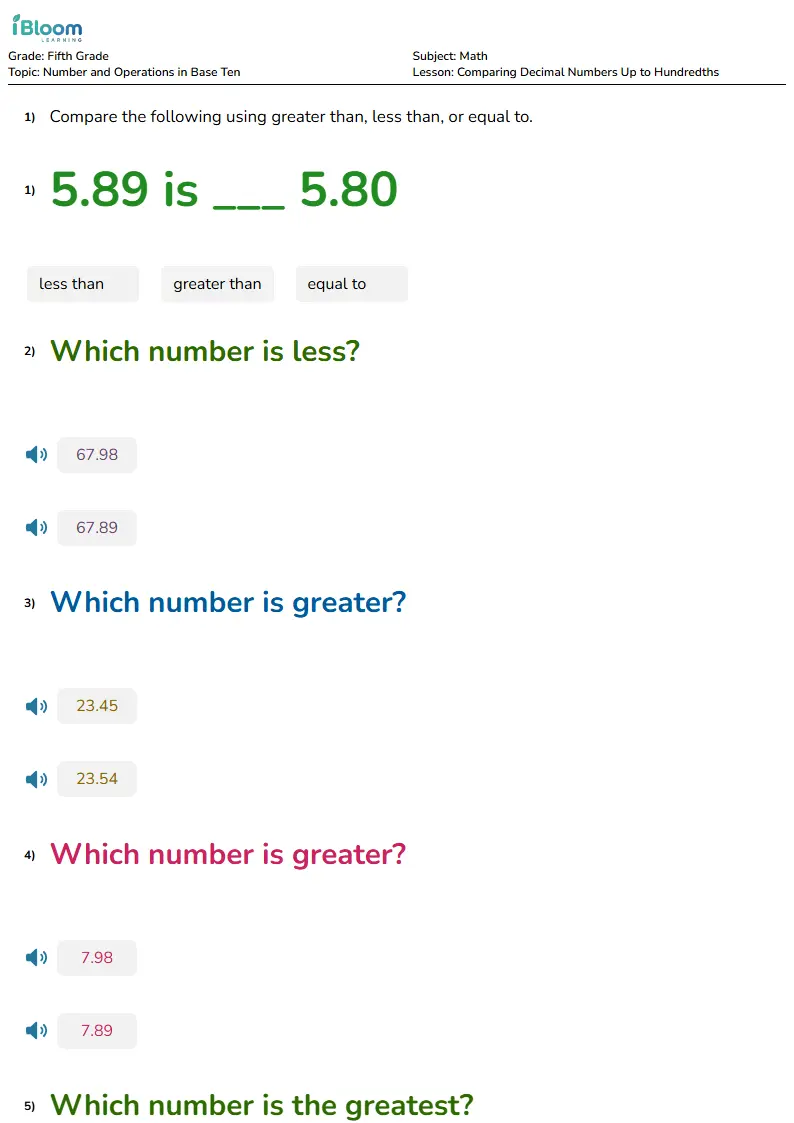Free Comparing Decimal Numbers Up to Hundredths Worksheets for Grade 5