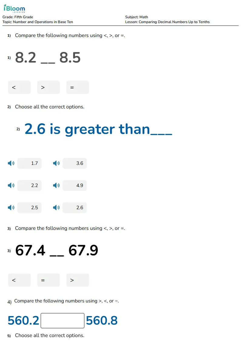 Free Comparing Decimal Numbers Up to Tenths Worksheets for Grade 5