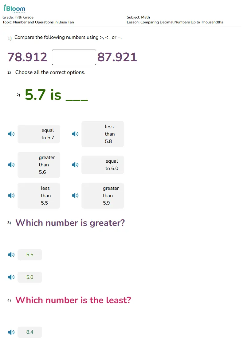 Free Comparing Decimal Numbers Up to Thousandths Worksheets for Grade 5
