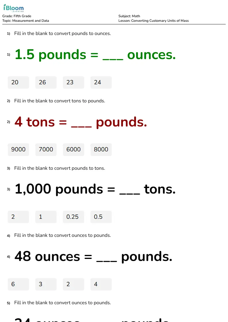 Free Converting Customary Units of Mass Worksheets for Grade 5