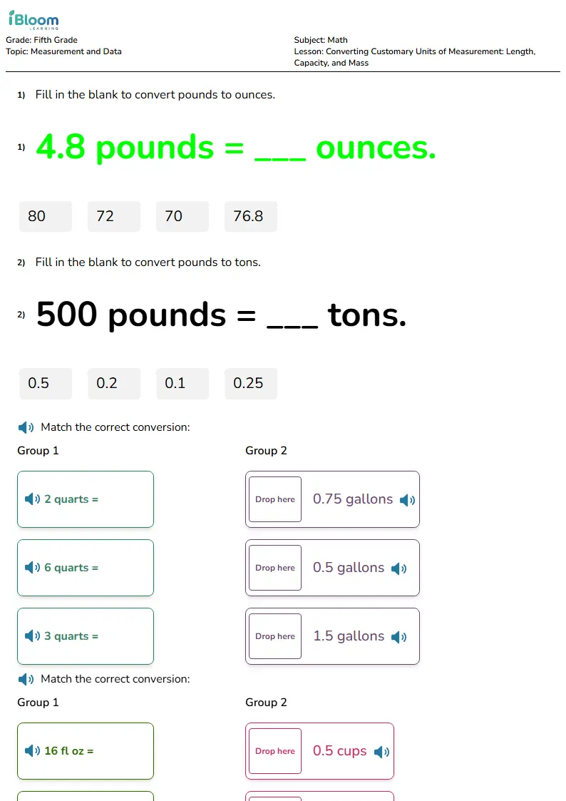 Free Converting Customary Units of Measurement: Length, Capacity, and Mass Worksheets for Grade 5