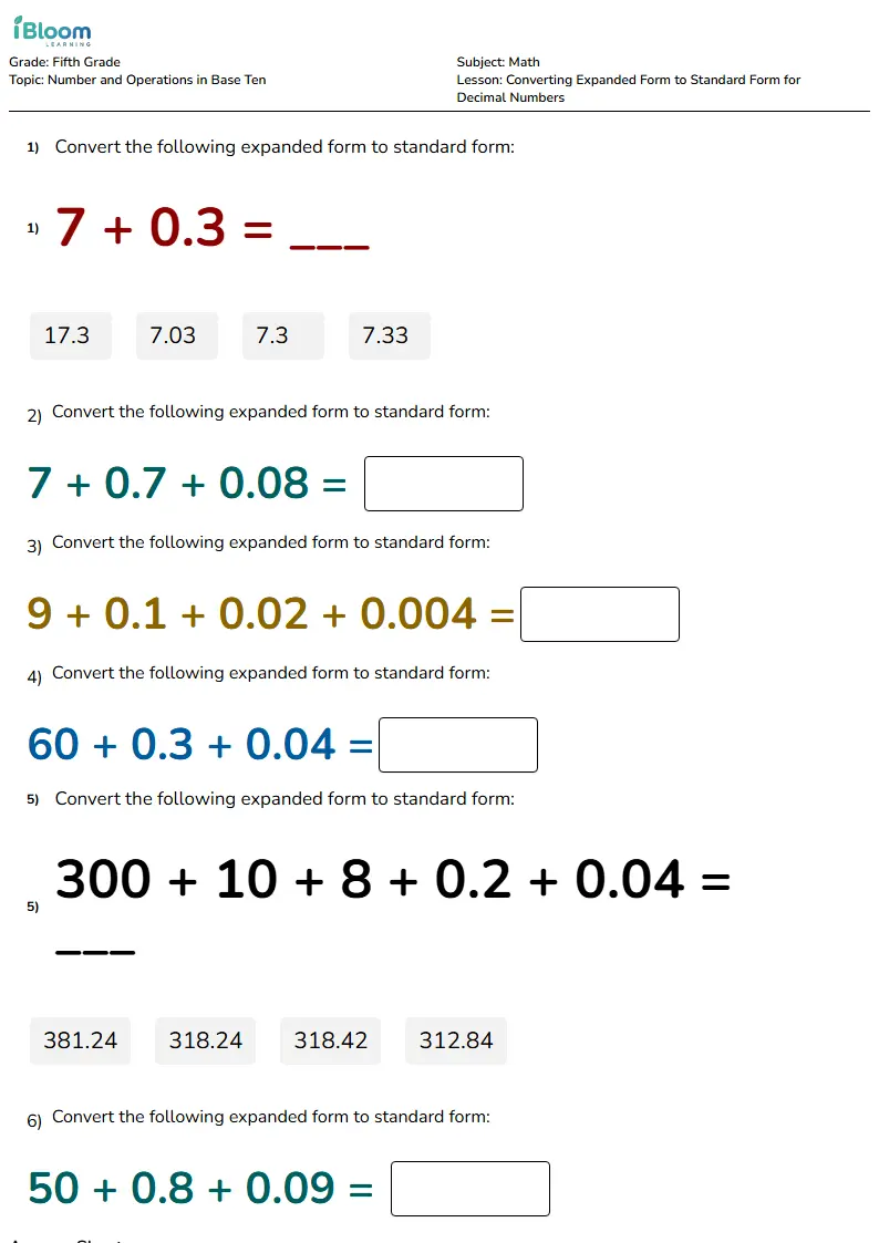 Free Converting Expanded Form to Standard Form for Decimal Numbers Worksheets for Grade 5