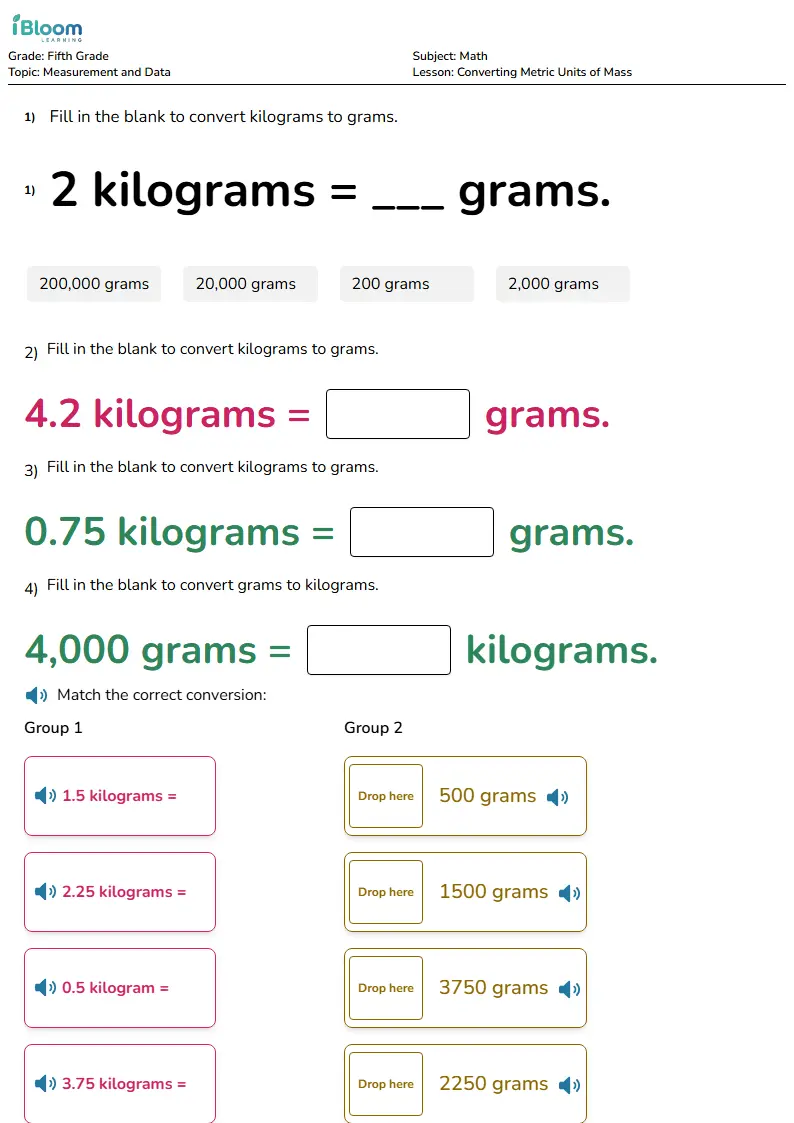 Free Converting Metric Units of Mass Worksheets for Grade 5