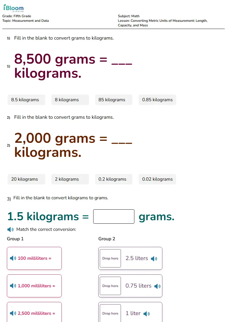 Free Converting Metric Units of Measurement: Length, Capacity, and Mass Worksheets for Grade 5