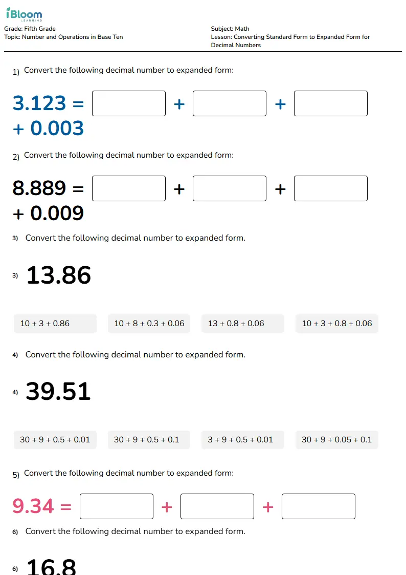 Free Converting Standard Form to Expanded Form for Decimal Numbers Worksheets for Grade 5