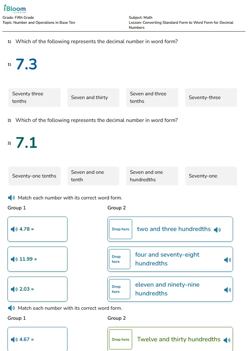 Free Converting Standard Form to Word Form for Decimal Numbers Worksheets for Grade 5