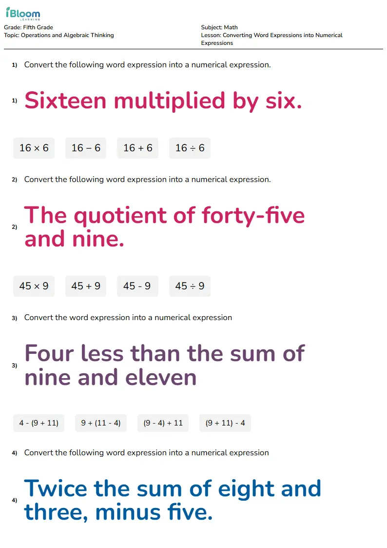 Free Converting Word Expressions into Numerical Expressions Worksheets for Grade 5