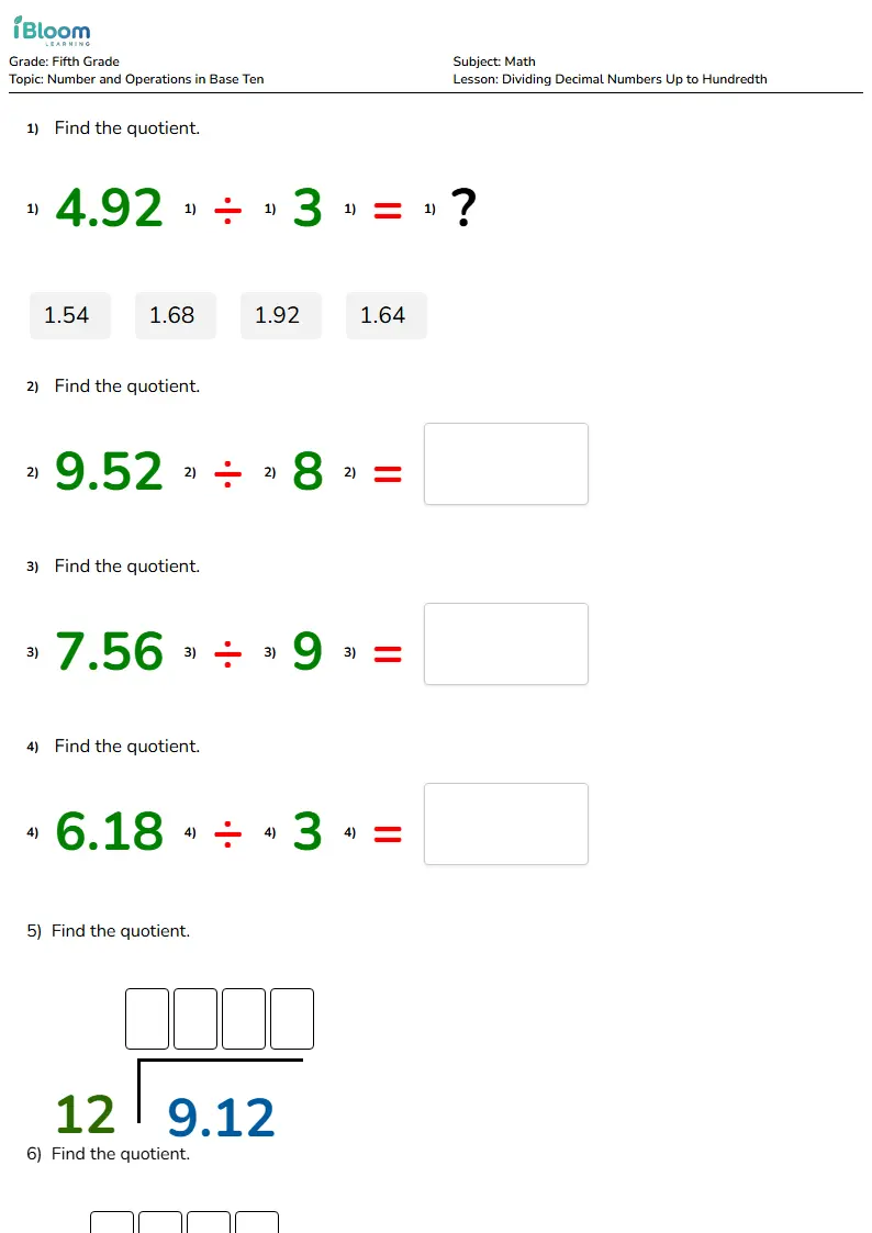 Free Dividing Decimal Numbers Up to Hundredth Worksheets for Grade 5