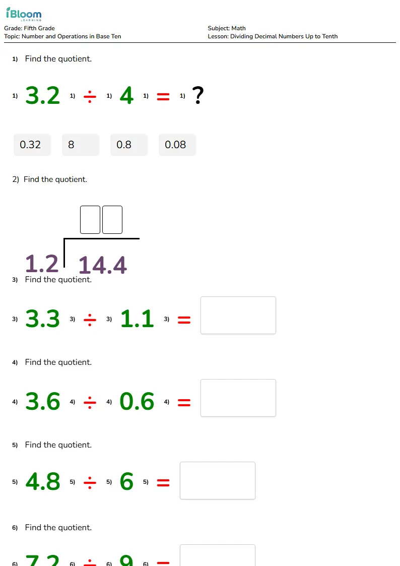 Free Dividing Decimal Numbers Up to Tenth Worksheets for Grade 5