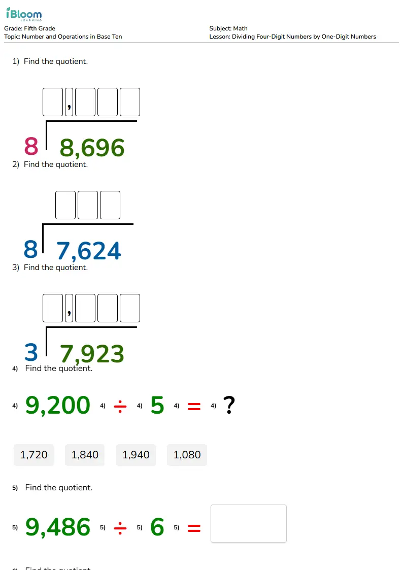 Free Dividing Four-Digit Numbers by One-Digit Numbers Worksheets for Fifth Grade | iBloom