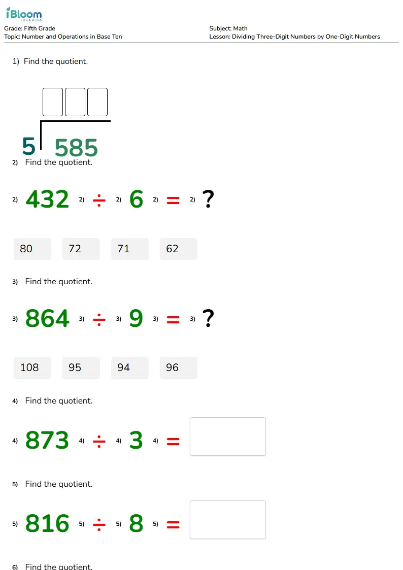 Free Dividing Three-Digit Numbers by One-Digit Numbers Worksheets for Fifth Grade | iBloom