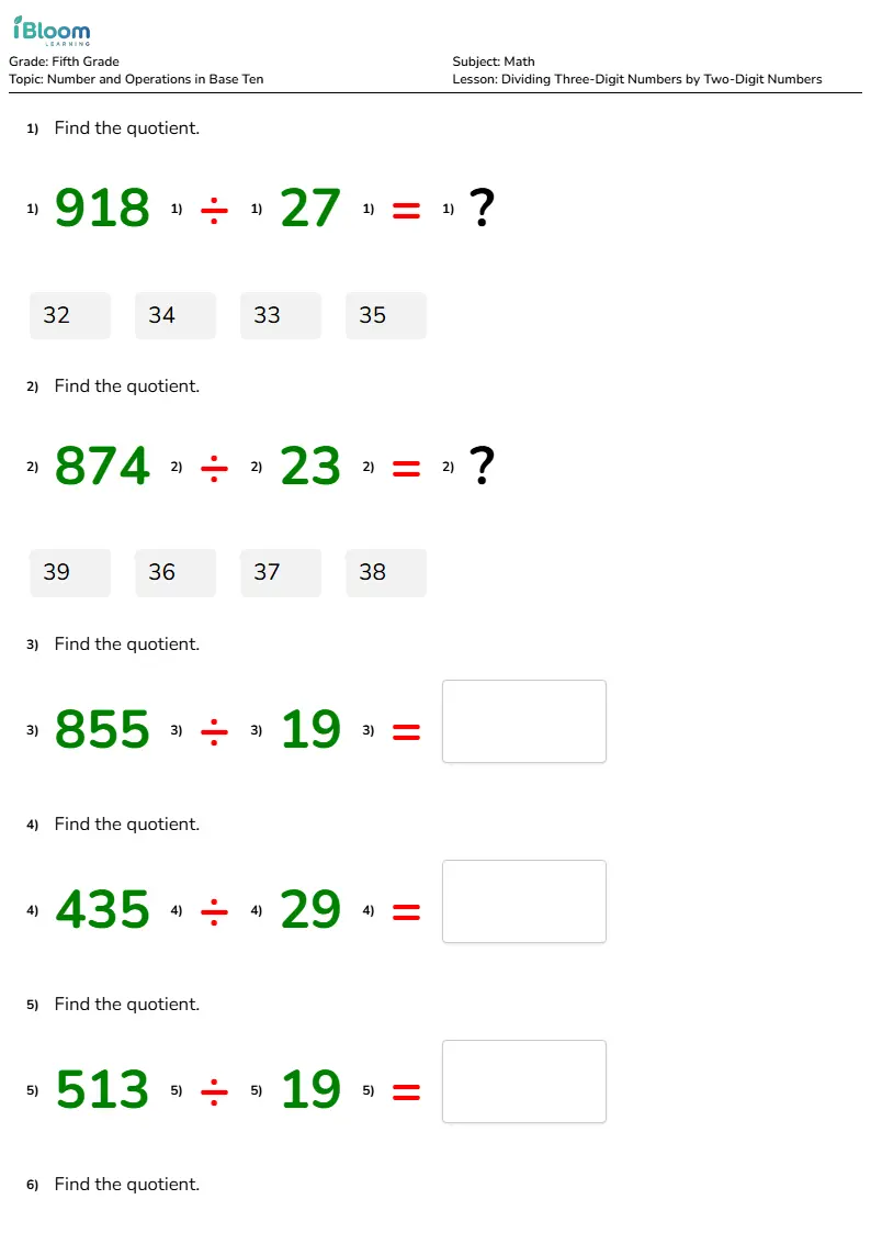 Free Dividing Three-Digit Numbers by Two-Digit Numbers Worksheets for Fifth Grade | iBloom