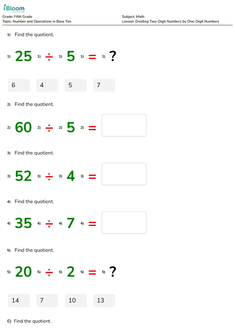 Free Dividing Two-Digit Numbers by One-Digit Numbers Worksheets for Fifth Grade | iBloom