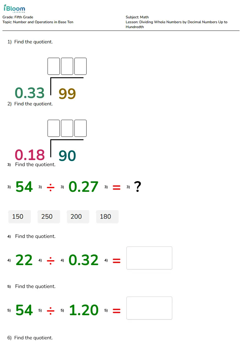 Free Dividing Whole Numbers by Decimal Numbers Up to Hundredth Worksheets for Fifth Grade | iBloom