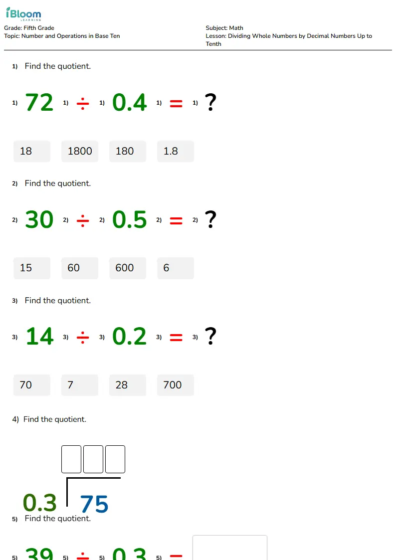 Free Dividing Whole Numbers by Decimal Numbers Up to Tenth Worksheets for Fifth Grade | iBloom