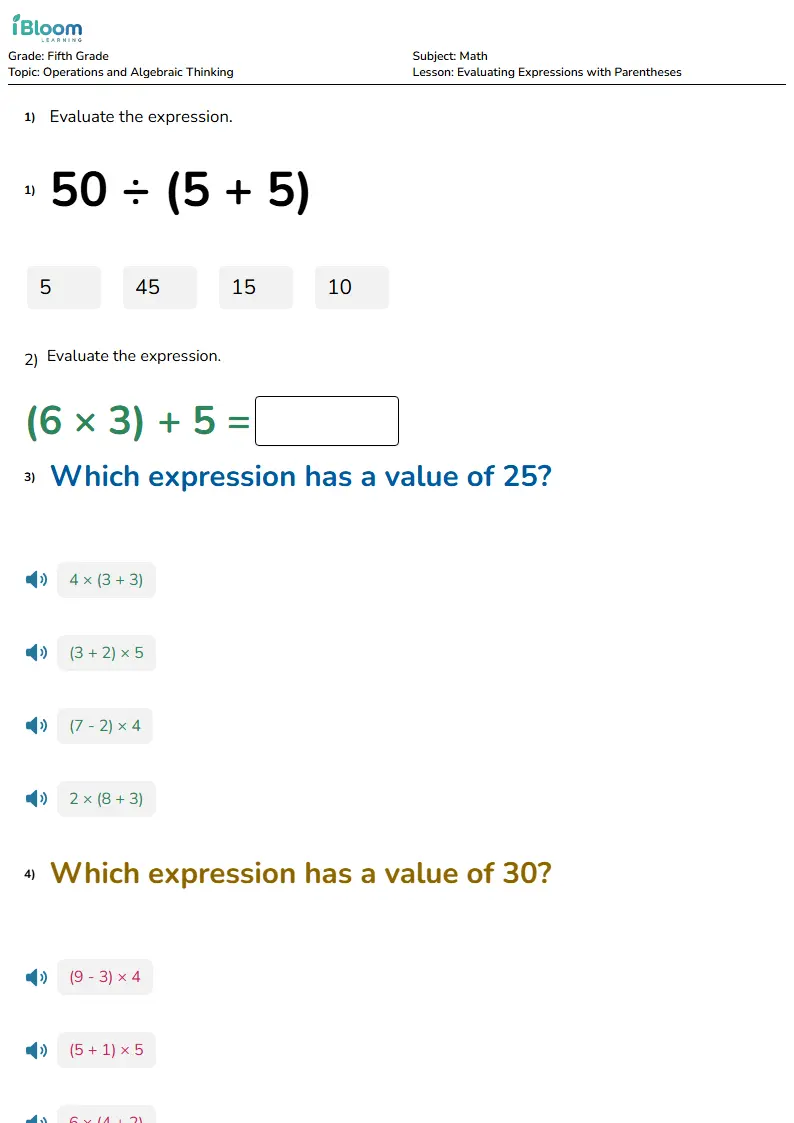 Free Evaluating Expressions with Parentheses Worksheets for Fifth Grade | iBloom