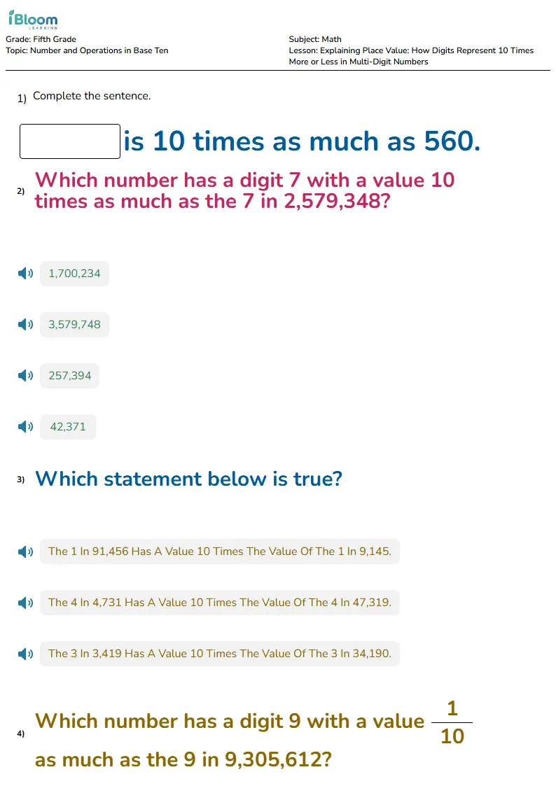 Free Explaining Place Value: How Digits Represent 10 Times More or Less in Multi-Digit Numbers Worksheets for Fifth Grade | iBloom