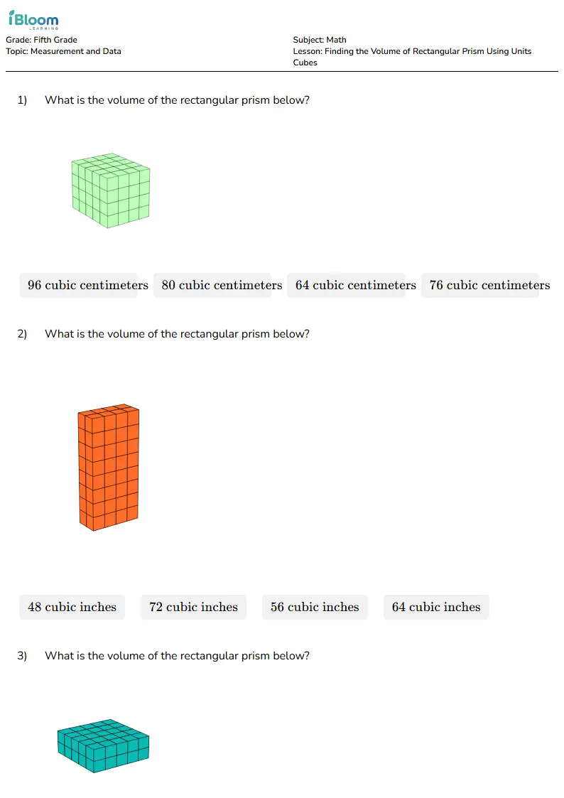 Free Finding the Volume of Rectangular Prism Using Units Cubes Worksheets for Fifth Grade | iBloom