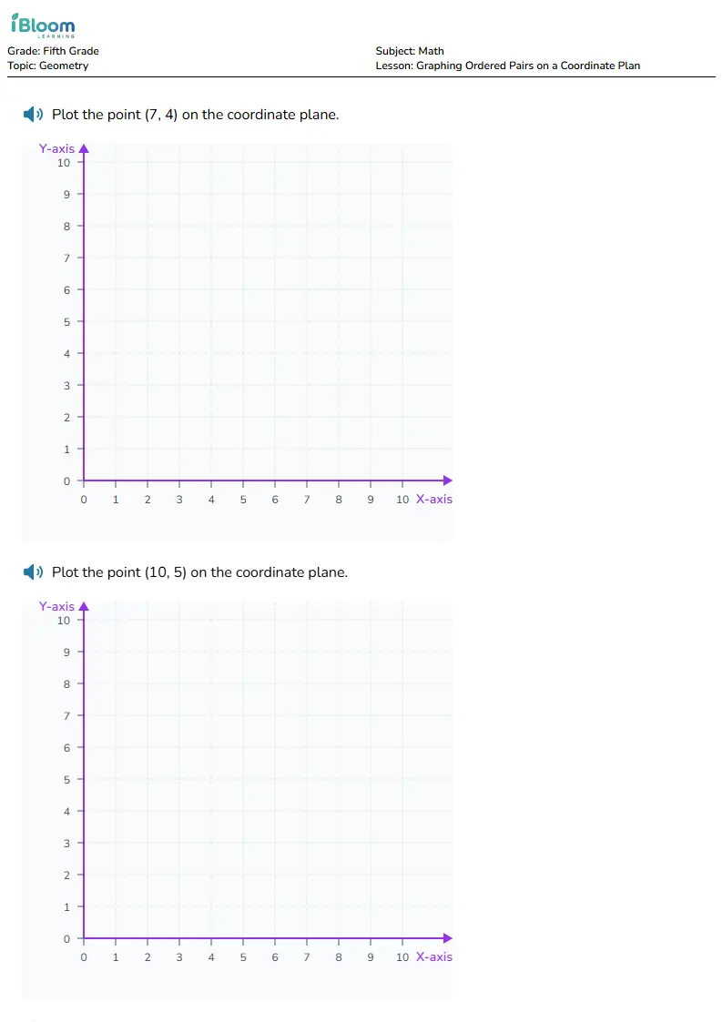 Free Graphing Ordered Pairs on a Coordinate Plan Worksheets for Fifth Grade | iBloom