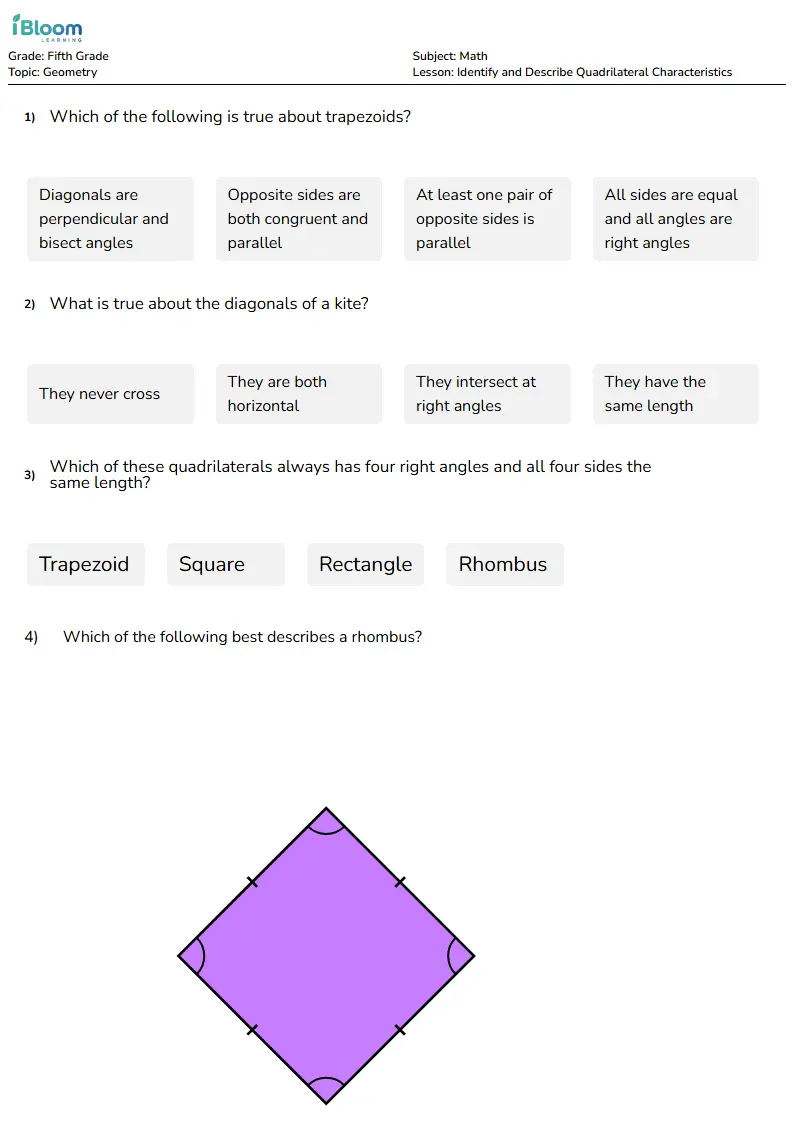 Free Identify and Describe Quadrilateral Characteristics Worksheets for Fifth Grade | iBloom