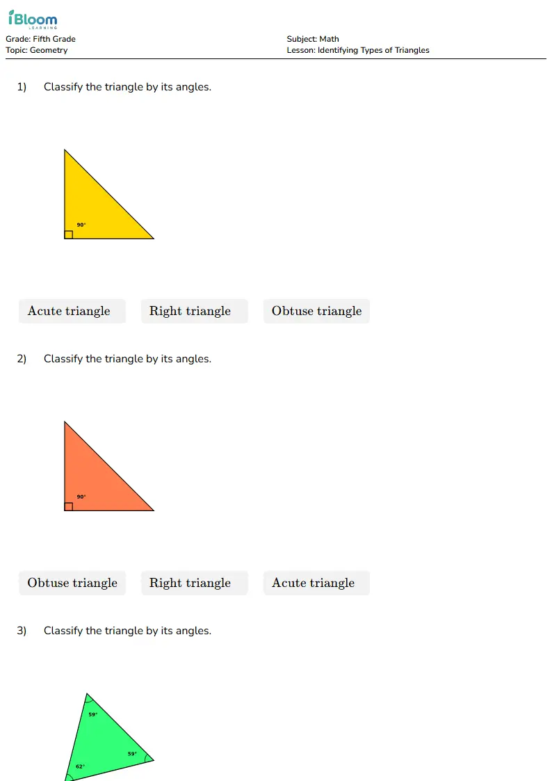 Free Identifying Types of Triangles Worksheets for Fifth Grade | iBloom