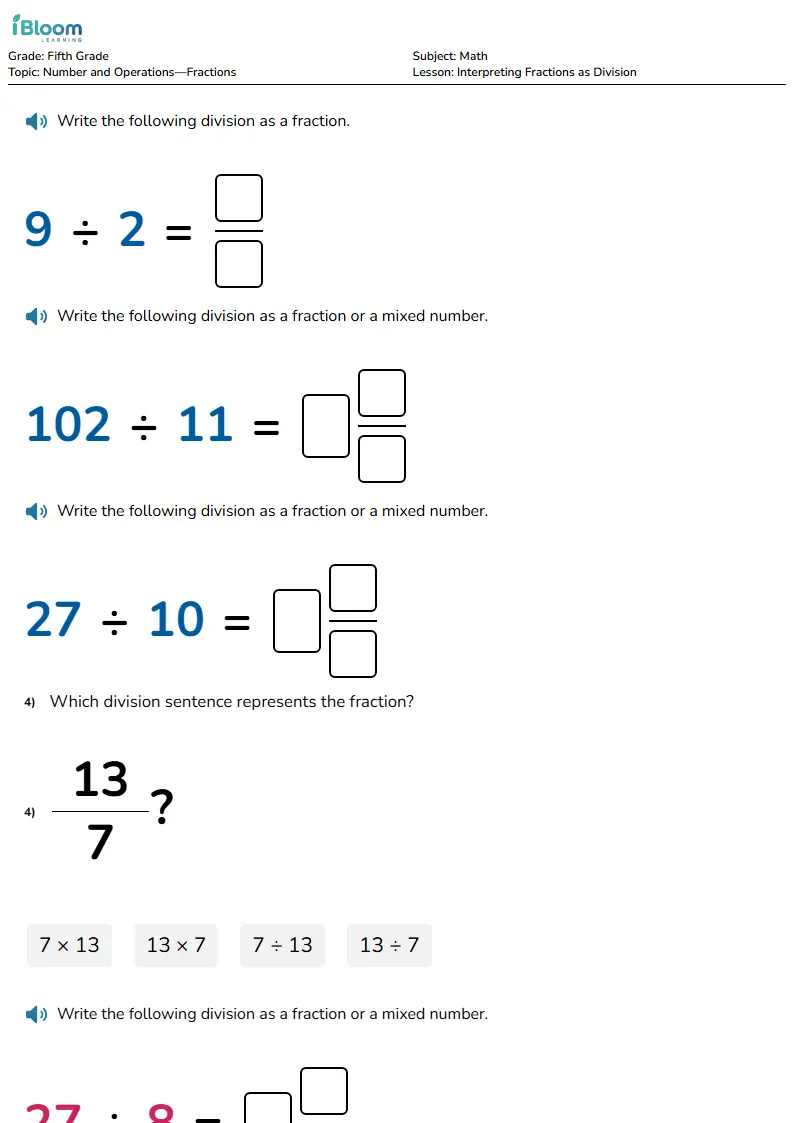 Free Interpreting Fractions as Division Worksheets for Fifth Grade | iBloom