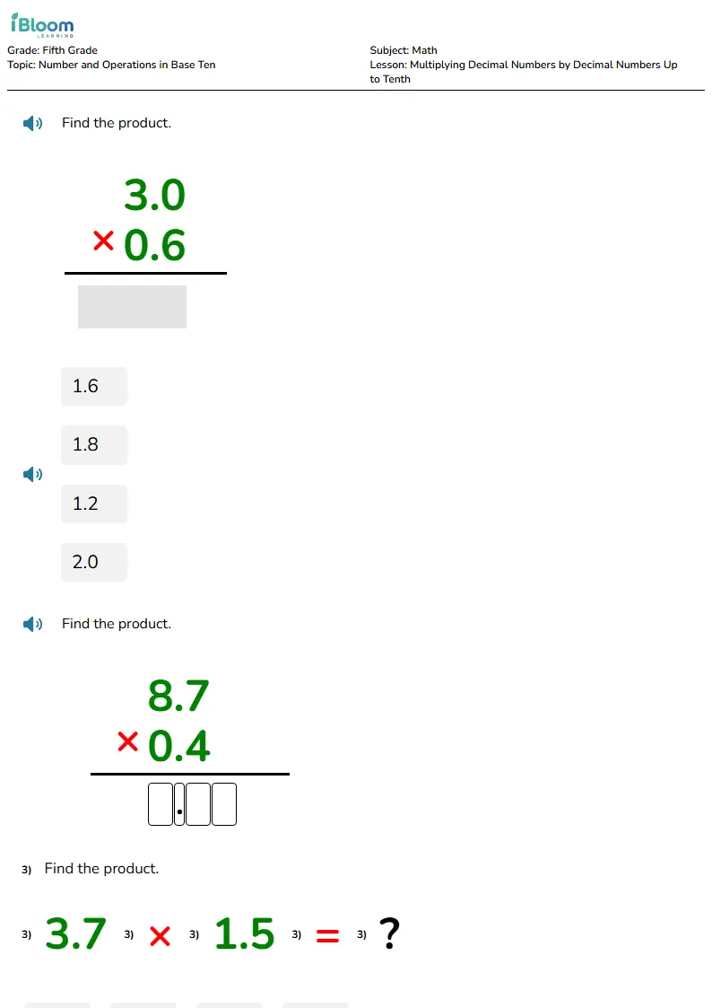 Free Multiplying Decimal Numbers by Decimal Numbers Up to Tenth Worksheets for Fifth Grade | iBloom