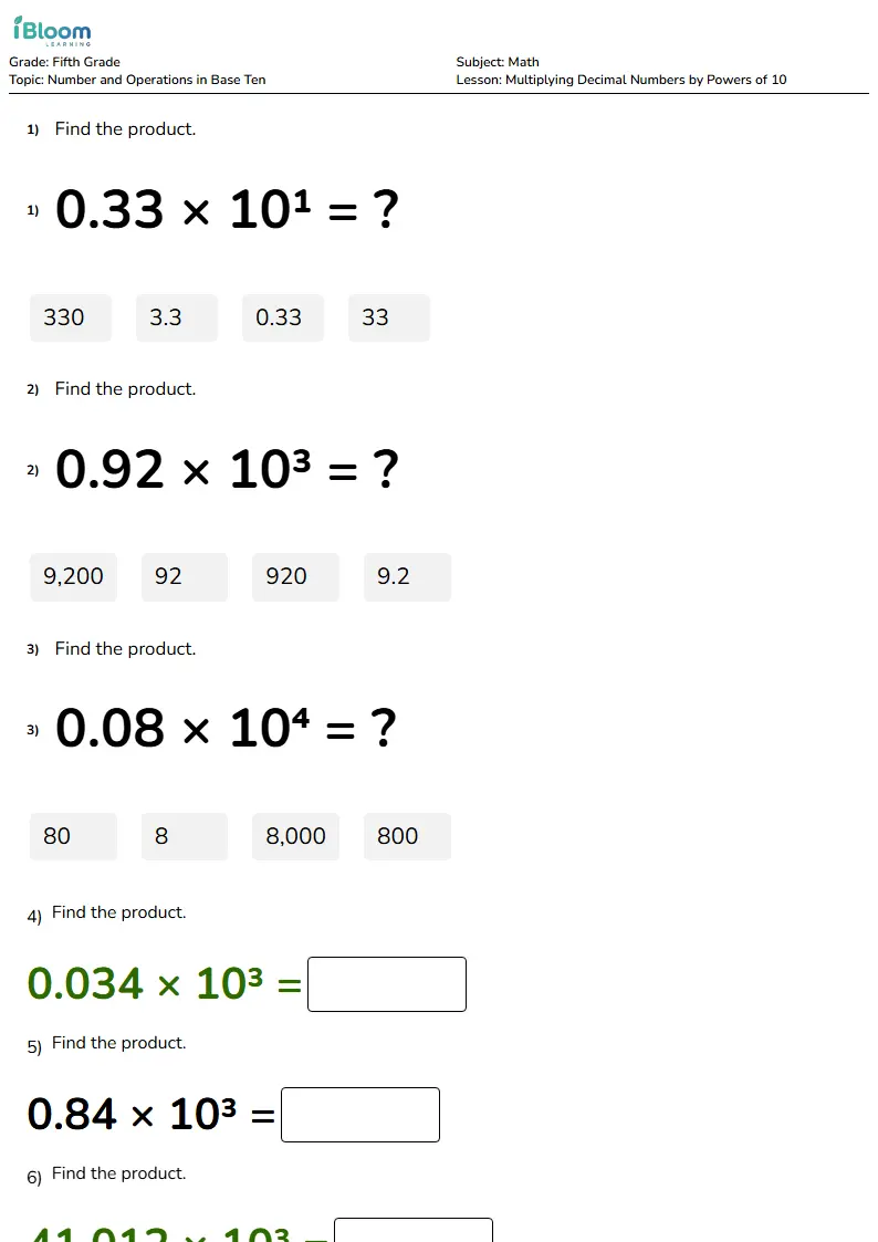 Free Multiplying Decimal Numbers by Powers of 10 Worksheets for Fifth Grade | iBloom