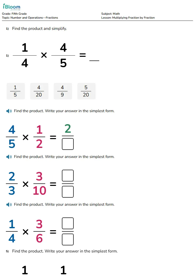Free Multiplying Fraction by Fraction Worksheets for Fifth Grade | iBloom