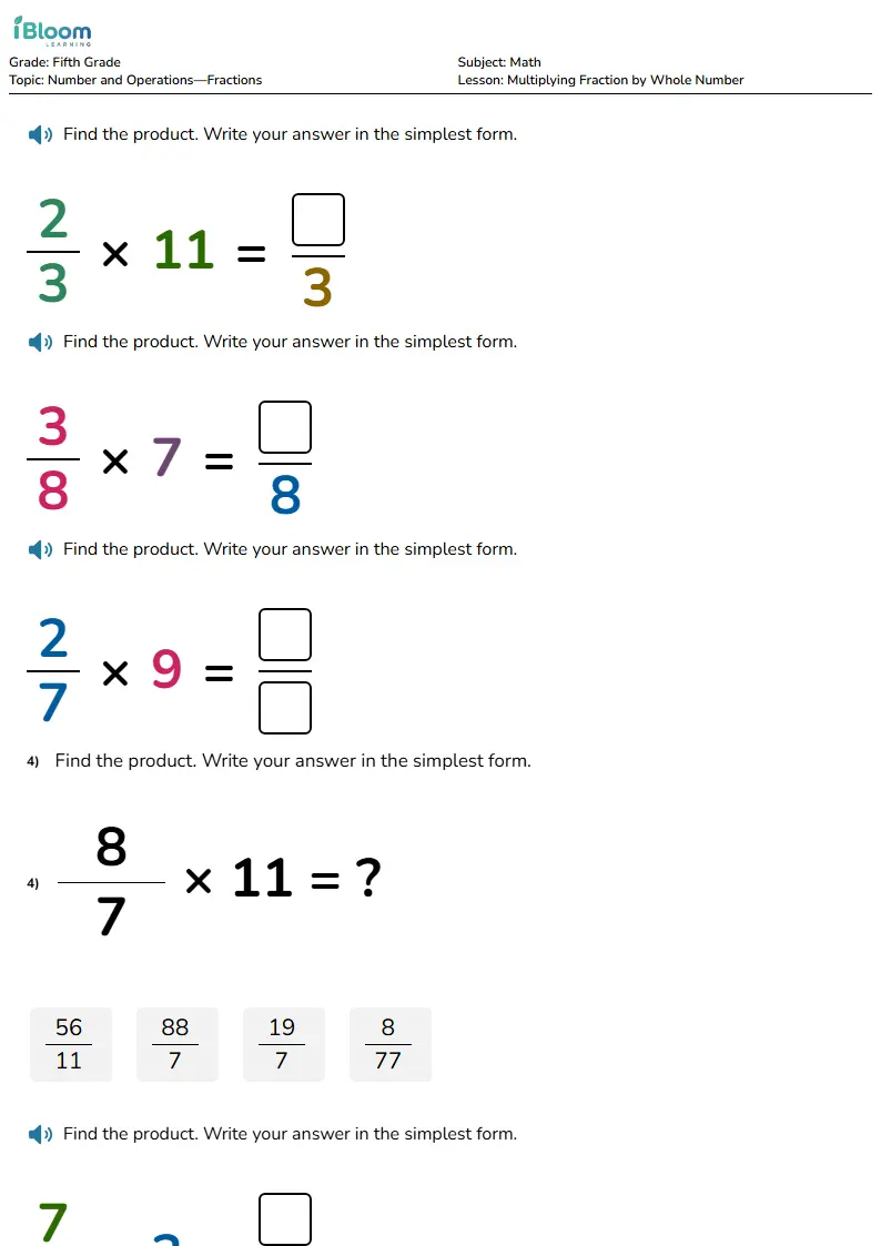 Free Multiplying Fraction by Whole Number Worksheets for Fifth Grade | iBloom
