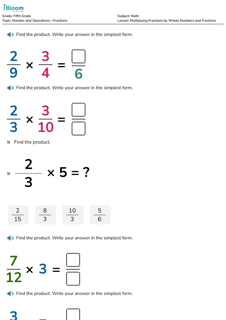 Free Multiplying Fractions by Whole Numbers and Fractions Worksheets for Fifth Grade | iBloom