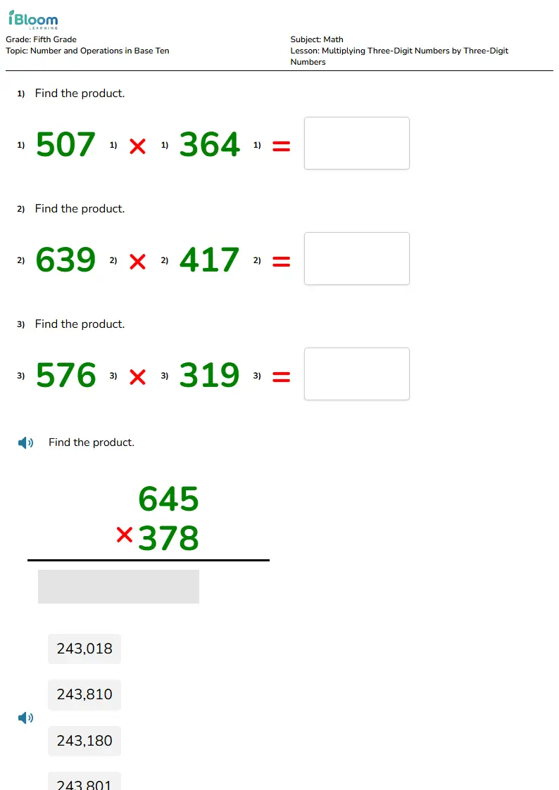 Free Multiplying Three-Digit Numbers by Three-Digit Numbers Worksheets for Fifth Grade | iBloom