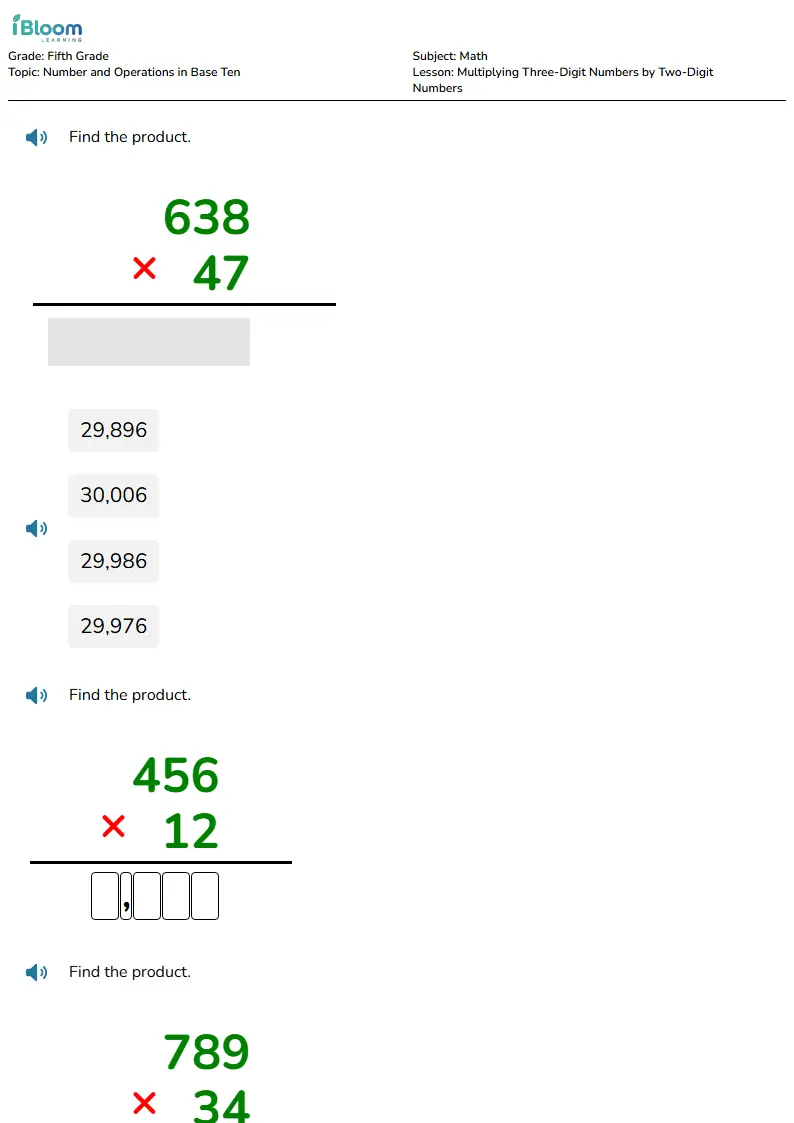 Free Multiplying Three-Digit Numbers by Two-Digit Numbers Worksheets for Fifth Grade | iBloom