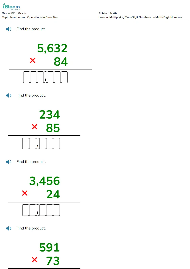 Free Multiplying Two-Digit Numbers by Multi-Digit Numbers Worksheets for Fifth Grade | iBloom