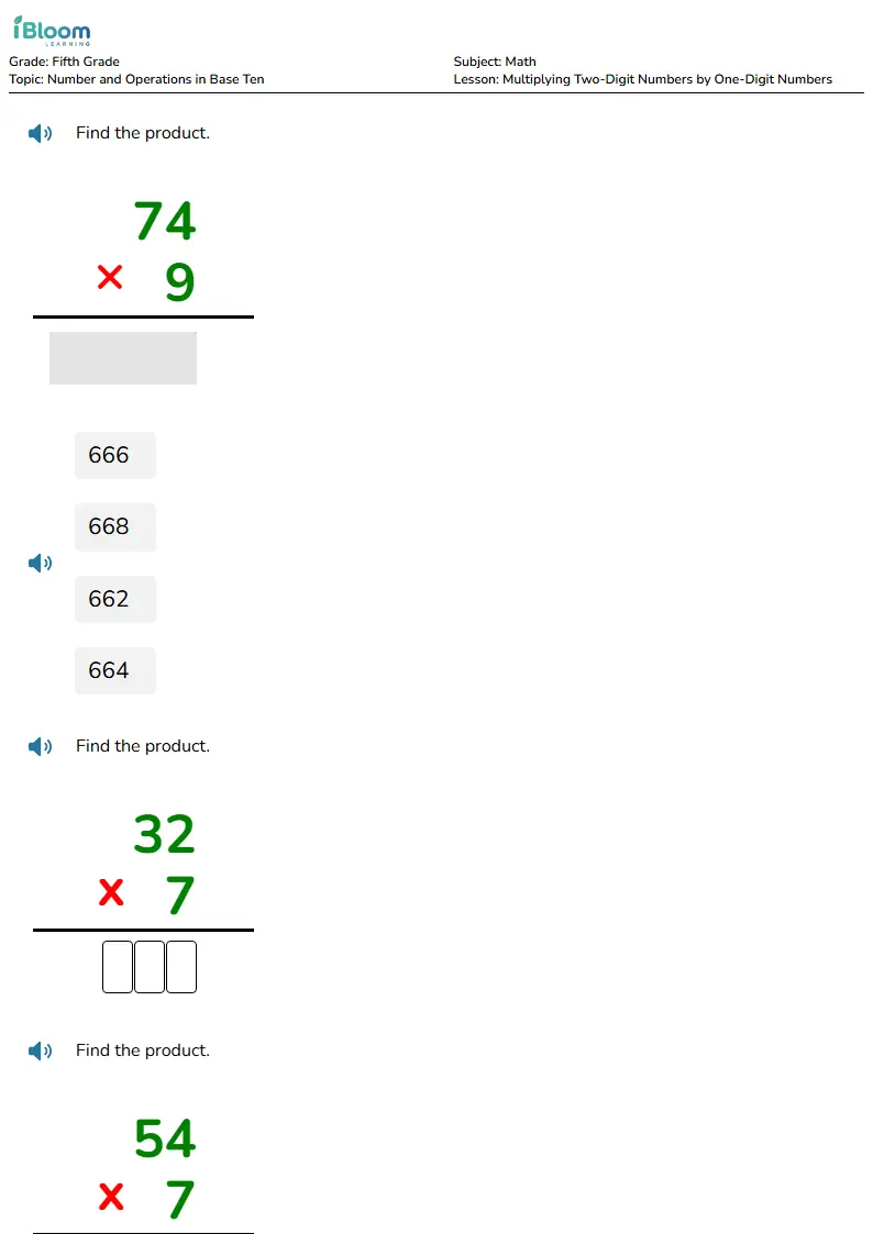Free Multiplying Two-Digit Numbers by One-Digit Numbers Worksheets for Fifth Grade | iBloom