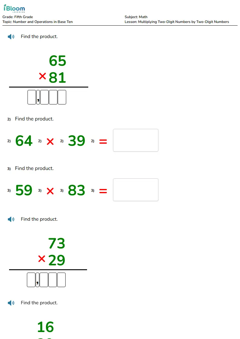 Free Multiplying Two-Digit Numbers by Two-Digit Numbers Worksheets for Fifth Grade | iBloom