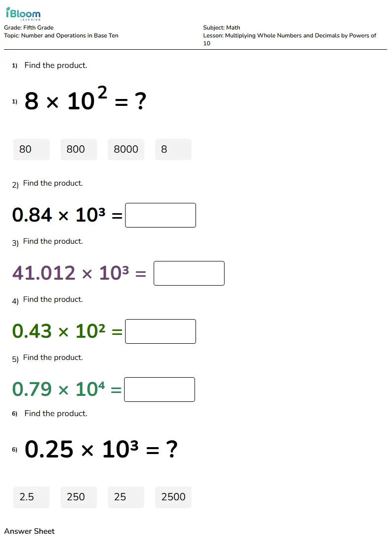Free Multiplying Whole Numbers and Decimals by Powers of 10 Worksheets for Fifth Grade | iBloom
