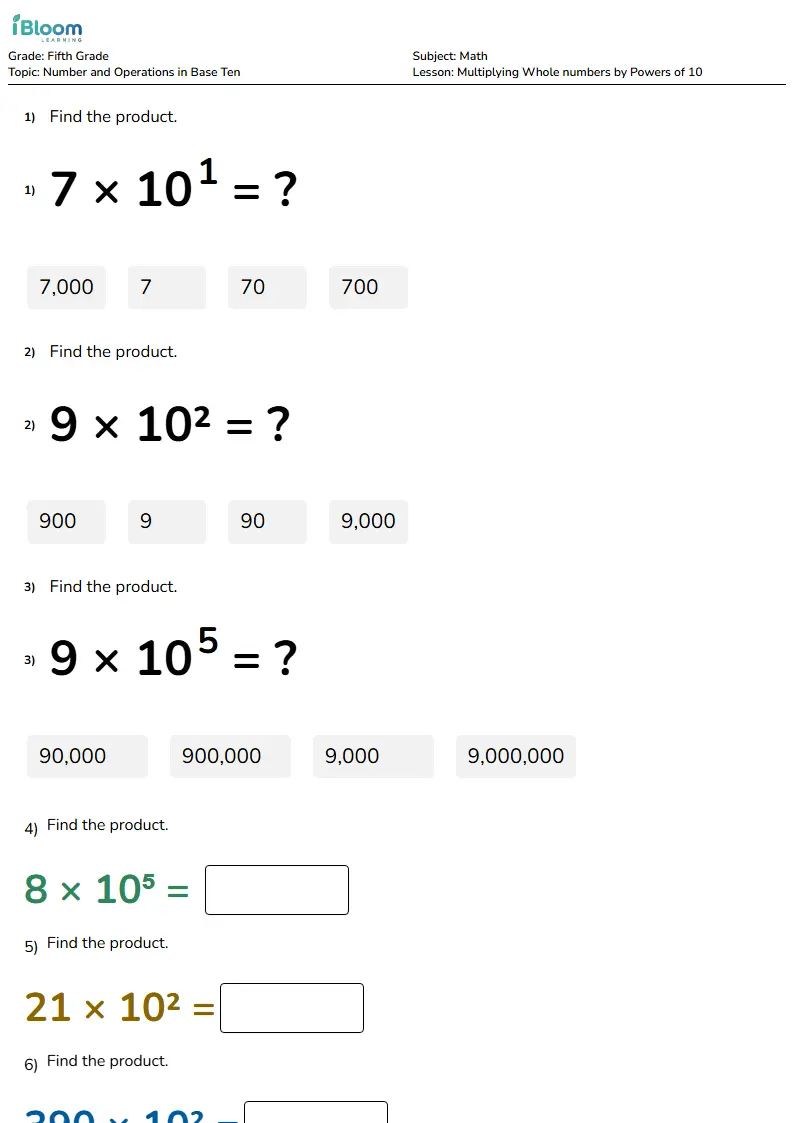 Free Multiplying Whole numbers by Powers of 10 Worksheets for Fifth Grade | iBloom