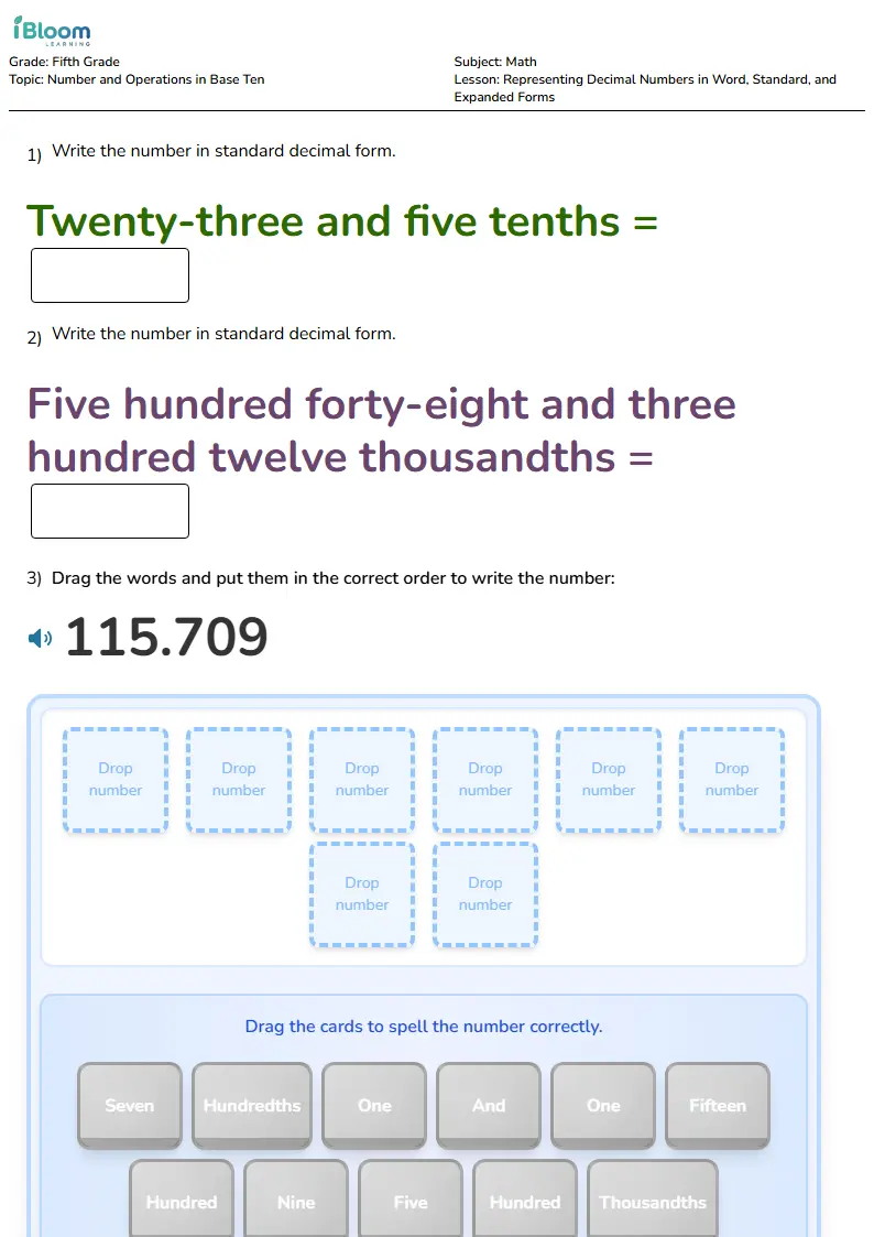 Free Representing Decimal Numbers in Word, Standard, and Expanded Forms Worksheets for Fifth Grade | iBloom