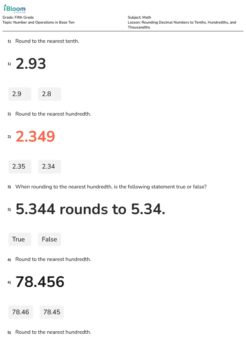 Free Rounding Decimal Numbers to Tenths, Hundredths, and Thousandths Worksheets for Fifth Grade | iBloom