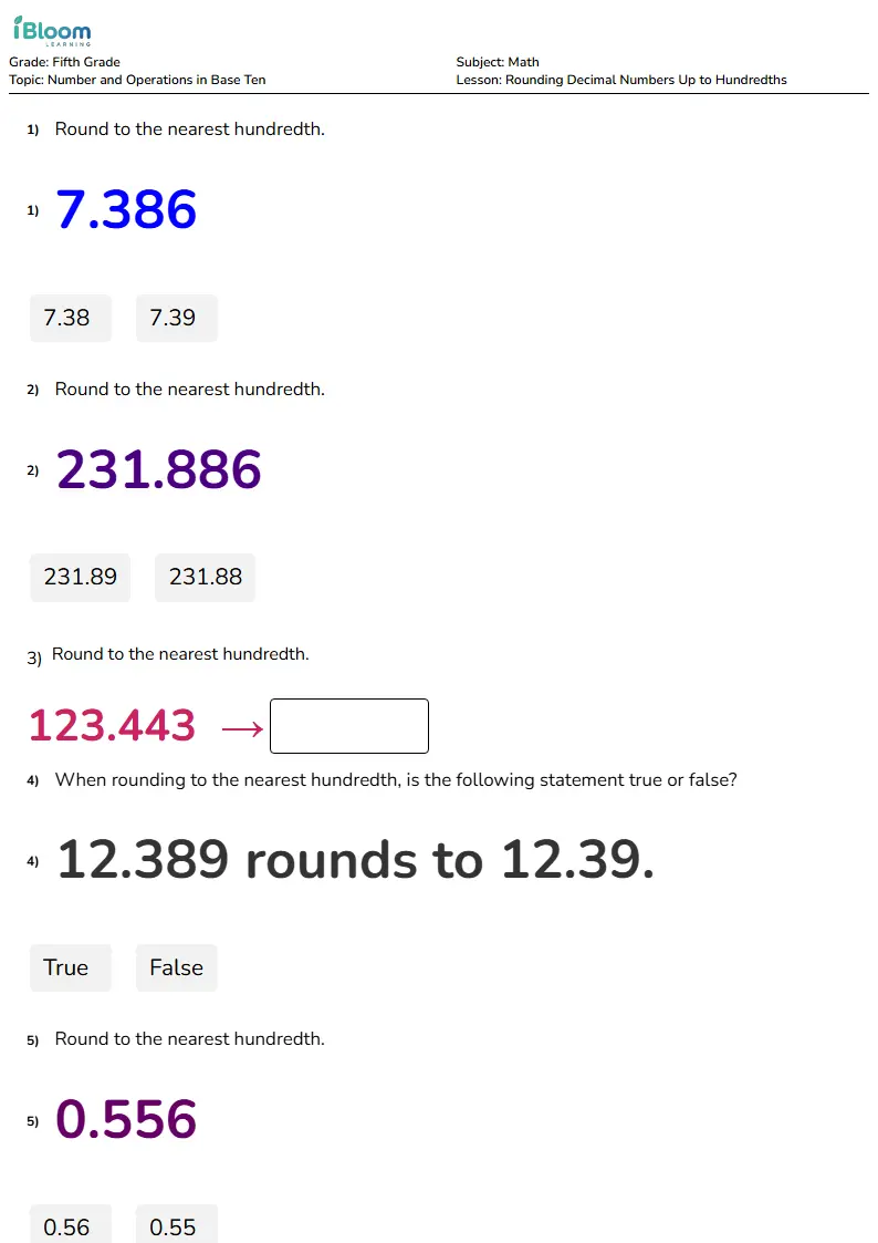 Free Rounding Decimal Numbers Up to Hundredths Worksheets for Fifth Grade | iBloom