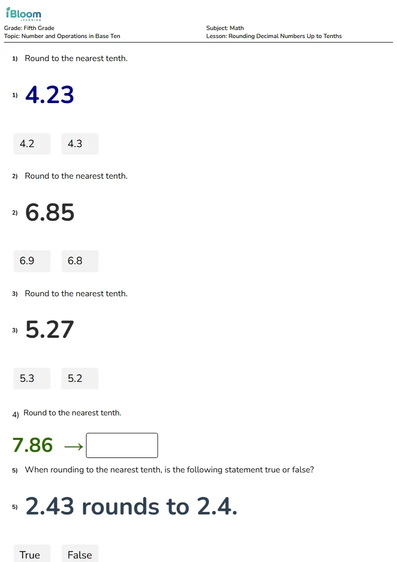 Free Rounding Decimal Numbers Up to Tenths Worksheets for Fifth Grade | iBloom