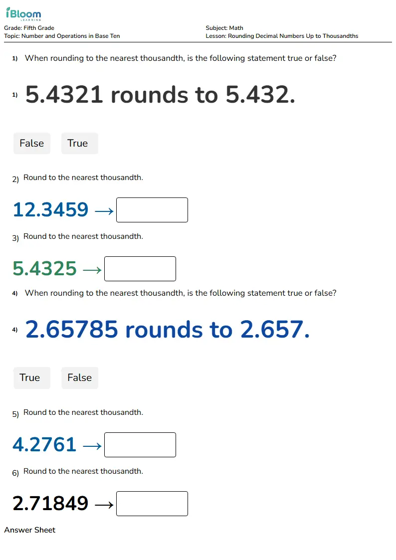 Free Rounding Decimal Numbers Up to Thousandths Worksheets for Fifth Grade | iBloom