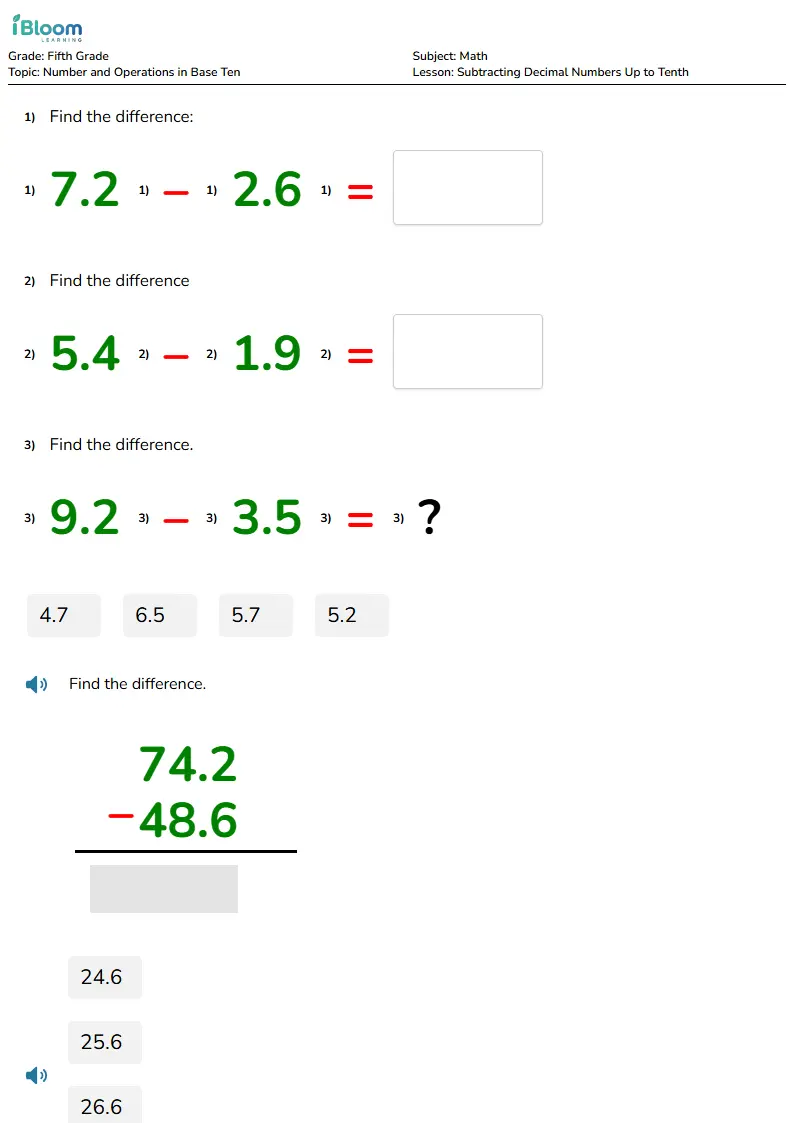 Free Subtracting Decimal Numbers Up to Tenth Worksheets for Fifth Grade | iBloom