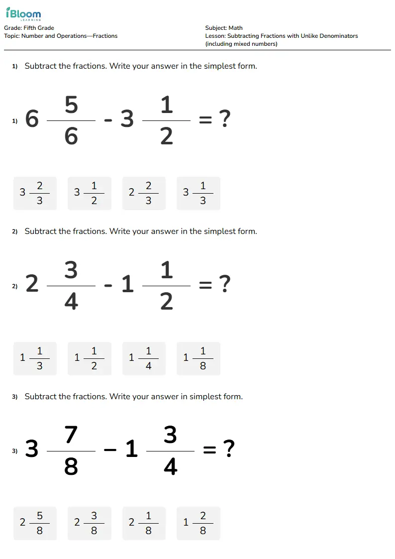 Free Subtracting Fractions with Unlike Denominators (including mixed numbers) Worksheets for Fifth Grade | iBloom