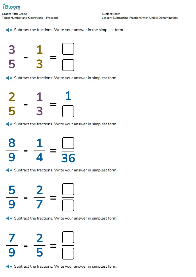 Free Subtracting Fractions with Unlike Denominators Worksheets for Fifth Grade | iBloom