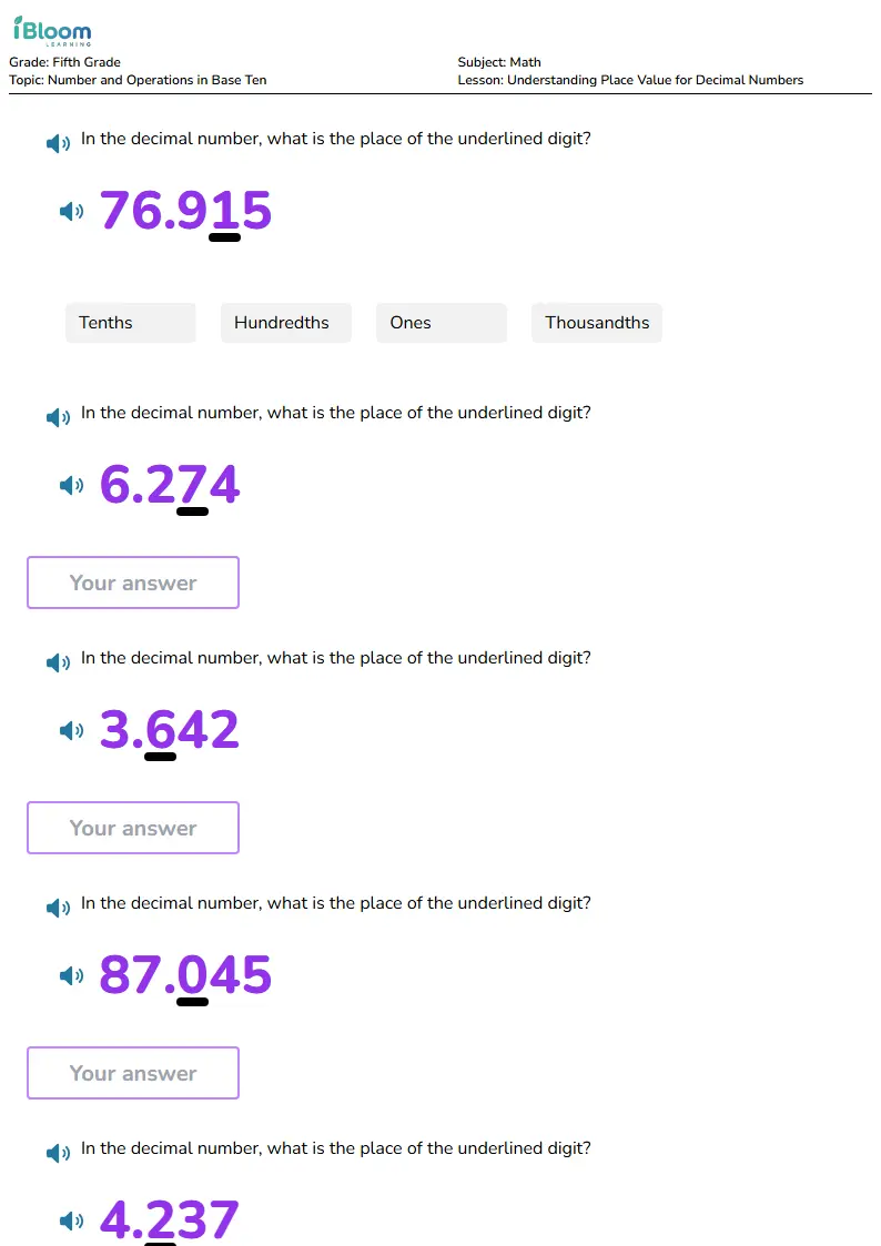 Free Understanding Place Value for Decimal Numbers Worksheets for Fifth Grade | iBloom